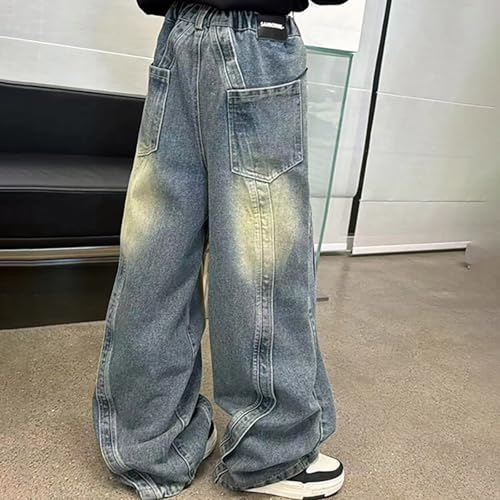 BILIKEYU Girls Streetwear Jeans Elastic Waist Colour Block Baggy Straight Wide Leg Denim Pants with Pockets4