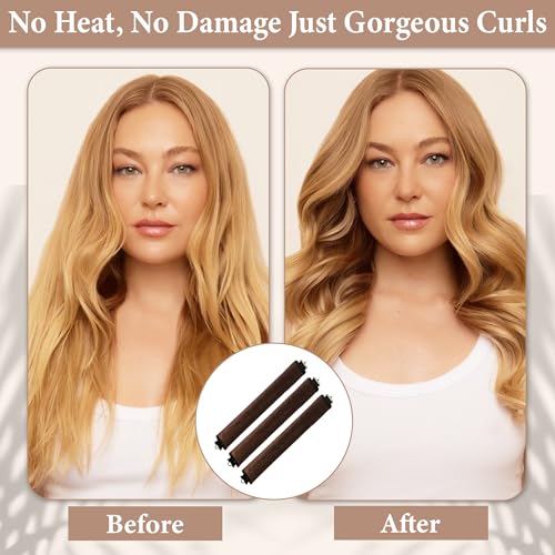 Image of GLUN Non-Damaging Hair Curling Strips, 3 Counts Brown Colour, Hair Curler with Hook, for All Hair Types, Overnight Curler for Beautiful Natural Wave Texture
