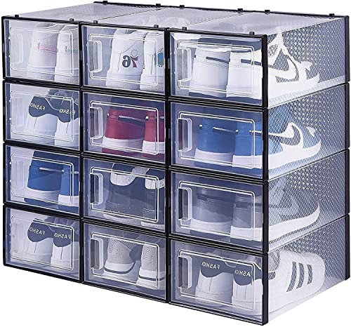 RISETEX 12 Pack Shoe Box Storage Containers,Drop Front Shoe Boxes Clear Plastic Stackable with Lids,Shoe Containers,Foldable Shoe Storage Organizer Case for Closet,Drawer Type Tennis Shoe Bins Storage with Door,Organizador De Zapatos