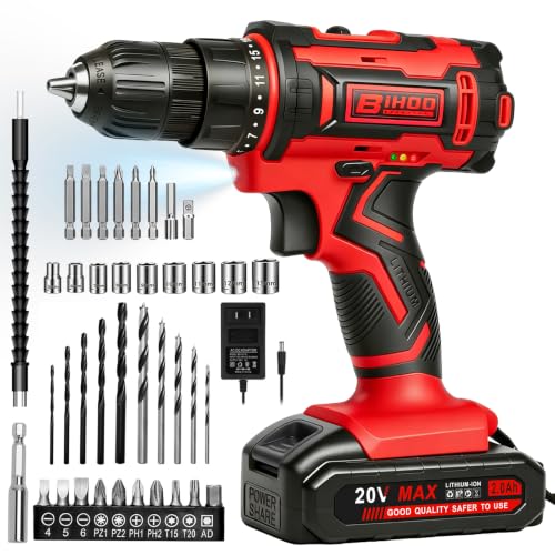 Image of Cordless Drill Set,20V Drill Driver with Battery and Charger,3 /8-Inch Keyless Chuck, Variable Speed,with Drills Bits Set,Red