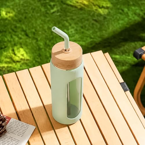 Image of 32 oz Glass Water Bottle with Straw - 2 Lids (Bamboo & Spout Lid), 1L Motivational Borosilicate Glass Daily Water Intake Bottle with Time Marker, Silicone Sleeve for Home Office-Light Green