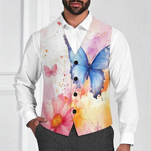 Watercolor Butterfly Daisy Flowers Mens Suit Vests V-Neck Casual Vest Dress Formal Tuxedo Wedding Waistcoat3