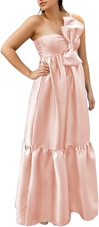 IIF Womens One Shoulder Bridesmaid Dresses with Bow Long Prom Dress Satin Formal Maternity Dresses IIF142