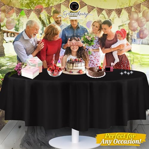 Image of Grandipty Plastic Table Cloth Disposable 12 Pack 84 inch Round Black | Plastic table covers, durable disposable tablecloths, fade and tear-resistent table cover for party, event