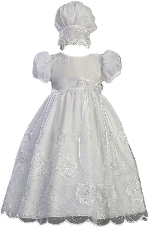 Swea Pea & Lilli White Embroidered Organza Christening Baptism Gown with Matching Bonnet