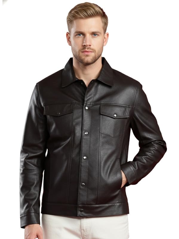 leather retail Men'S Coffee Brown Trucker Jacket | Faux Leather Casual Jacket-picture-37