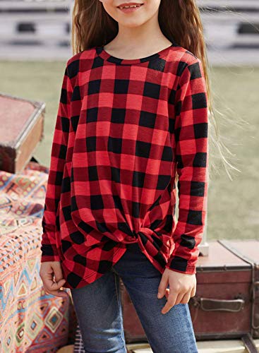 Blibea Plaid Long Sleeve Crewneck Cute Birthday T Shirts Twist Knot Front Casual Blouse Tops Size 10-11 Red #TOP1