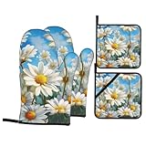 Juego De Repostería para Cocina Flores De Margarita De Primavera 4 Piezas Antideslizante Kitchen Baking Set Resistente Al Calor Guantes Cocina para Pastel Microonda Pizza