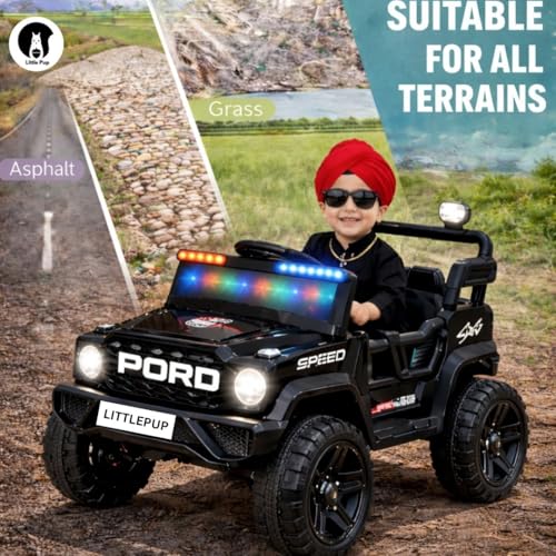 Image of Little Pup 4x4 Electric Jeep Ride-on Car for Kids, 12V Battery Powered, Red Plastic, Remote Control, Bluetooth Music, LED Lights, Manual Drive, Ages 1-6 Years (Black)
