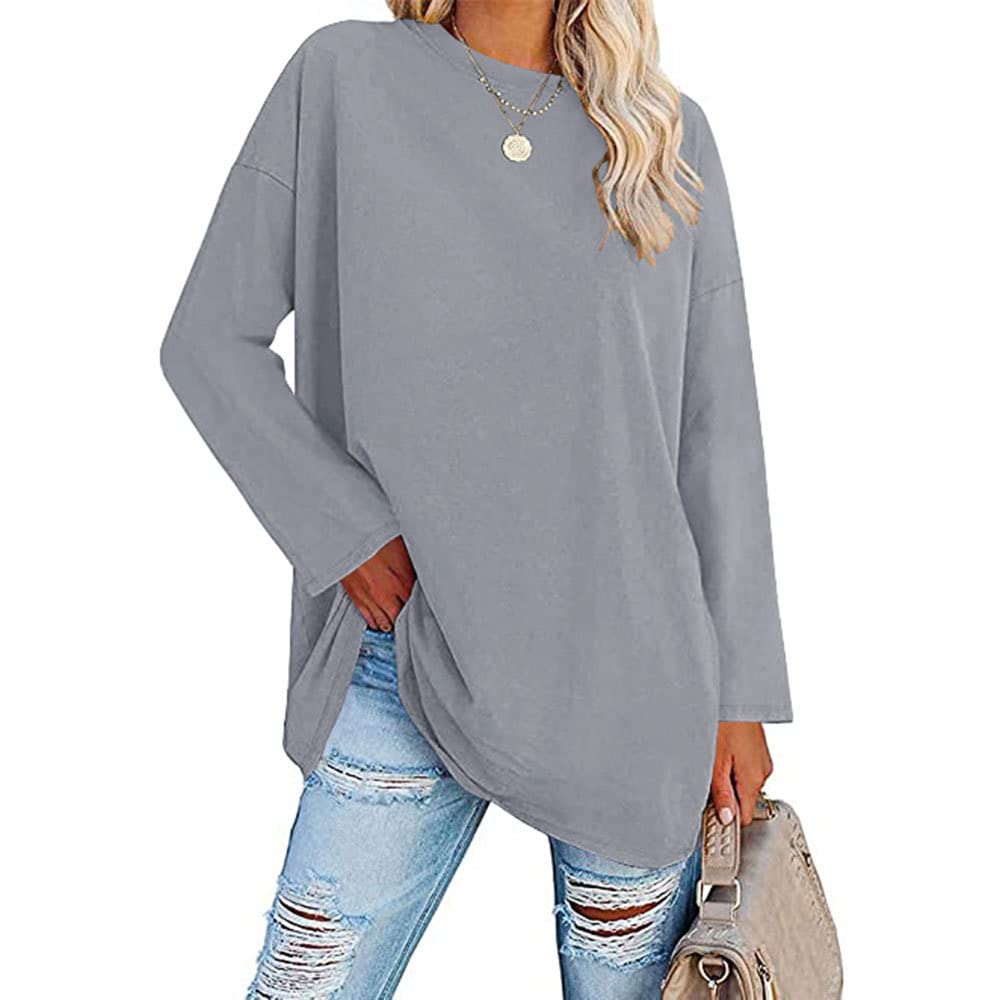 Famulily Damen Basic Rundhalsausschnitt Langarm Baumwolle T-Shirts Einfarbige Bequeme lose Tunika T-Shirts Tops