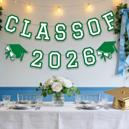 Image of Class of 2026 Graduation Banner University College Grad Garland Decoration Party Supplies High School Colors Green White