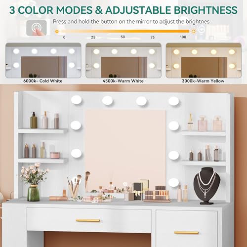 DWVO Vanity Desk with Mirror and Lights, 40in Makeup Vanity Table with Power Outlet, 4 Drawers & Storage Shelves, 3 Lighting Color Adjustable, White Dressing Desk for Bedroom