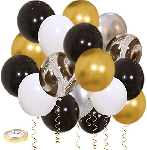 Black and Gold Balloons-50pcs 12 inch Metallic silver Balloons and Matte white Balloon- Mottled black Latex Balloons for Birthday Wedding Baby Shower Celebration Graduation Party Balloons