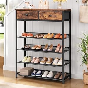 usikey 5 Tier Shoe Rack with 2 Drawers, 12-16 Pairs Shoe Storage Organizer with Wooden Top, Free Standing Shoe Rack Shelf with Flat & Slant Adjustable Metal Shelf for Entryway, Closet, Rustic Brown usikey 5 Tier Shoe Rack with 2 Drawers 12 16 Pairs Shoe Storage Organizer with Wooden Top Free Standing Shoe Rack Shelf with Flat Slant Adjustable Metal Shelf for Entryway Closet Rustic Brown