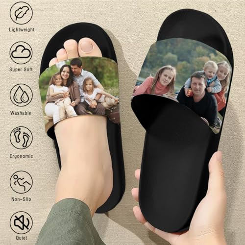 Custom Photo Slides Slippers, Personalized Text Flip Flops, Indoor Outdoor Comfort Sandals, Customize Open Toe Shoes Unisex Gifts for Women Men Couples Family, Non Slip Black Sole Shower Beach2