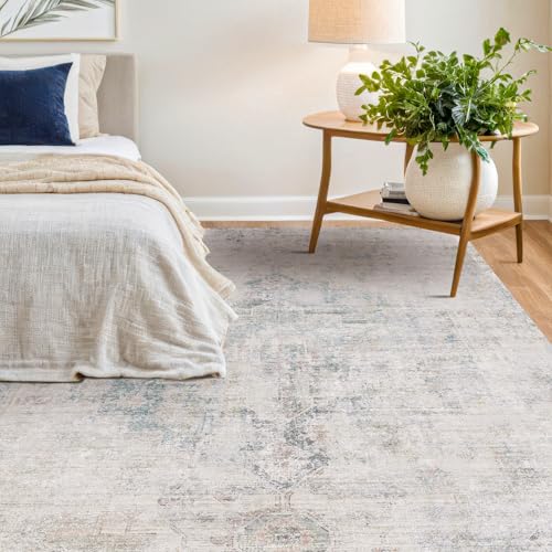 HazoHaus-US Washable 8x10 Bedroom Rug - Blue Grey Modern Area Rug for Living Room, Dining Room Table, Non Slip Soft Faded Print Carpet, Stain Resistant, Distressed Design