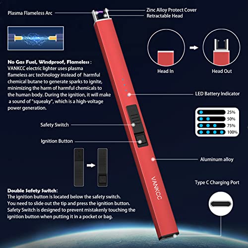 Image of Electric Candle Lighter - USB Rechargeable Arc Lighter for Camping, Family Use, BBQs - LED Battery Display, Safety Switch, Flameless, Windproof (Red)