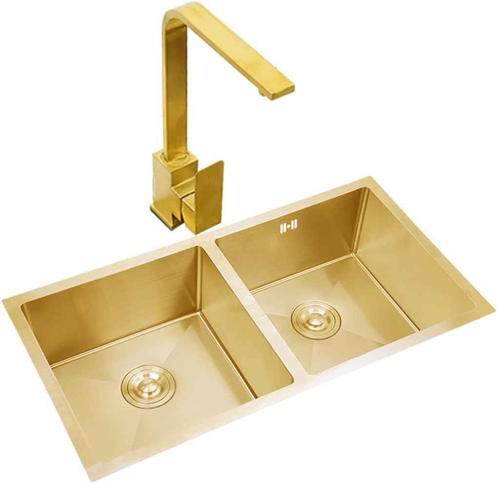 Gold Double Bowl Kitchen Bar Stainless Steel Sink Wet Bar & Prep Sink, with Square Faucet & Drain Top Mount Or Undermount (Gold 75x40x21cm)
