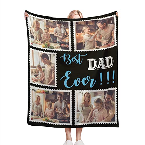 HSSQMH Best Dad Ever Custom Blankets Personalized Blanket with Photo Text Customized Picture Throw Blanket for Family Dad Brothers Grandpa Husband on Father's Day Birthday Anniversary Christmas