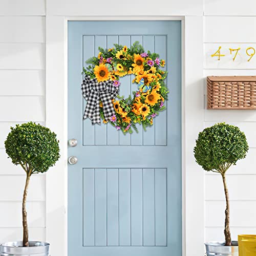 18 Inch Sunflower Wreath, Spring/Summer Wreath With Led Lights For Front Door Farmhouse, Handmade Silk Flower Wreath With Butterfly & Buffalo Plaid Bow For Wall Window Home Decor #TOP4