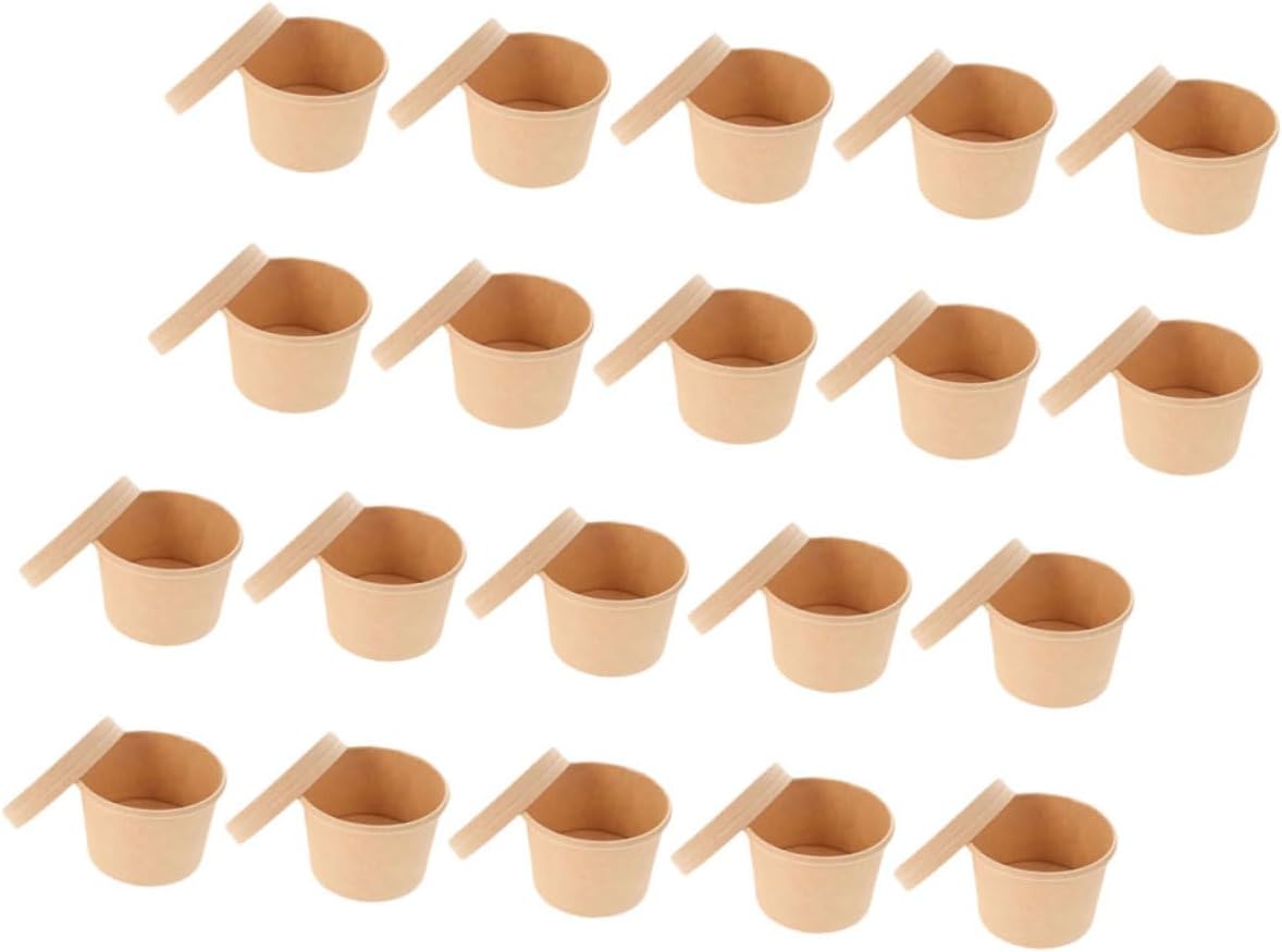 INOOMP 50pcs 8oz Thickened Kraft Paper Ice Cream Cups with Lids, Disposable round Dessert Bowls for Cold Soup, Ice Cream Packing, Takeout Food Service