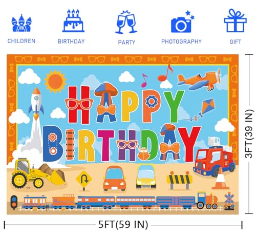 Image of Orange Blue Birthday Party Decorations Backdrop Banner 5x3Ft Vehicle Themed Happy Birthday Decorations Banner Background Photo Booth Props for English Teacher Party Supplies