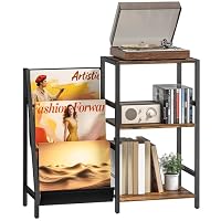 HOMCOM Record Player Stand, 3-Tier Side Table with Vinyl Record Storage, End Table with 3 Oxford Cloth Magazine Racks for Living Room, Bedroom, Rustic Brown