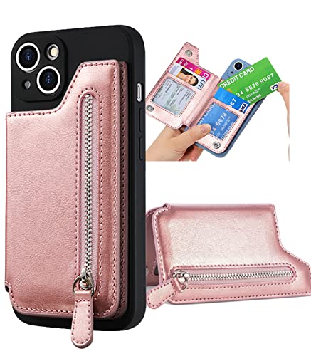 TopFunny Stick on Wallet for Phone Case, Adhesive Card Holder for Back of Phone Cases Flip Leather Zipper Wallet Sleeve Pocket Compatible with iPhone, Samsung Galaxy Most Smartphones Rose Gold