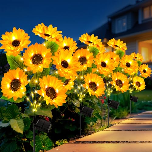 LETMY Solar Lights Outdoor Garden Decor, 4Pack Upgraded Solar Garden Lights with 24 Sunflower Lights, Solar Flowers Outdoor Waterproof IP65 for Garden Flower Bed Yard Decor, Gift for Women Mom Grandma
