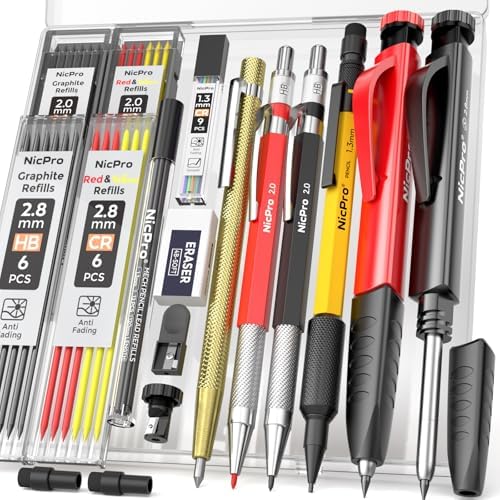 Nicpro 17Pack CP2000 Carpenter Pencil Set with Sharpener, Mechanical Pencils with 57 Refill, Carbide Scribe Woodworking Tool, Deep Hole Marker, All-in-one Heavy Duty Construction Pencil for Architect
