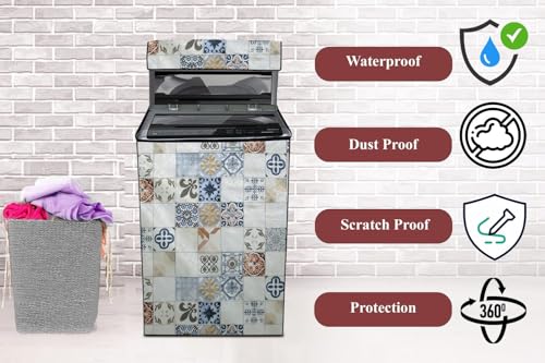 Image of The Furnishing Tree PVC Washing Machine Cover Compatible for Panasonic 7 KG Fully-Automatic Top Loading NA-F70LF3CRB, Washing Machine Waterproof and dustproof, Mosaic Pattern Cream