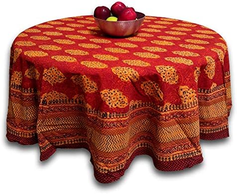 Homestead Block Print Tablecloth for Round Tables Cotton Geometric Floral Kensington Design 72 inches Round