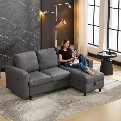 RIAZOS L-Shaped Sofa Bed with Storage, 3 Seater Sleeper Sofa Couch with USB, LED, Convertible Settee Sectional Sofa for Apartment Living Room, Office, 180 * 119 * 72cm, Gray
