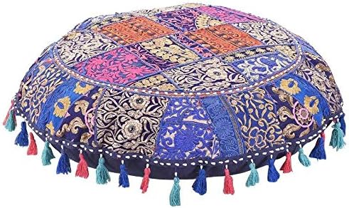GANESHAMIndian Handmade Vintage Patchwork Cotton Boho Chic Bohemian Hand Embroidered Decorative Ethnic Foot Stool Round Floor Pillows & Cushion Cover Seating Pouf Ottoman (Navy Blue, 32 Inch)