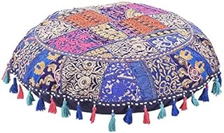 GANESHAM Indian Handmade Vintage Patchwork Cotton Boho Chic Bohemian Hand Embroidered Decorative Ethnic Foot Stool Round Floor Pillows & Cushion Cover Seating Pouf Ottoman (Navy Blue, 32 Inch)