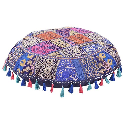 Heces de pie étnico de algodón con retazos hechos a mano, estilo bohemio, estilo bohemio, bordadas a mano, redondas para el piso y funda de cojín, puf otomano (color azul marino, 18 pulgadas) Cover