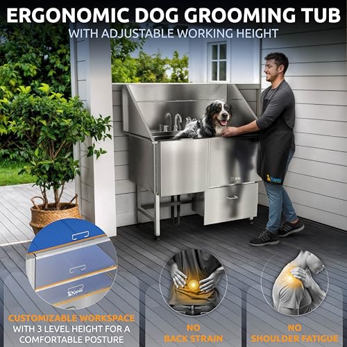 Image of KANIS Professional Dog Washing Station 304 Stainless Steel Pet Wash Sink & Grooming Bathtub w /Shower, Floor Grates and Storage for Large, Medium & Small Pets (Silver, 50 Inches, Left Ramp, 1 Drawer)