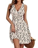 WNEEDU Women's Summer Sleeveless Dresses V-Neck Empire Waist Sundress Ladies Casual Knee Length Beach Dress with Pockets Apricot Black Leaf M