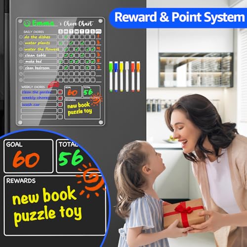 Image of PigPotParty 3 Pack Acrylic Magnetic Kids Chore Chart for Multiple Kids & Family on Fridge - 9.5 inchx12 inch Weekly Dry Erase Chore Board with 12 Fine Point Colorful Markers & 1 Towel