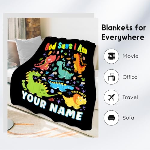 Custom Dinosaur Blanket, Cozy Soft Throw Gifts for Boys, 40x50 Inch Cute Flannel Blanket for Dinosaur Lovers, God Says I Am Throw Blankets for Couch Sofa
