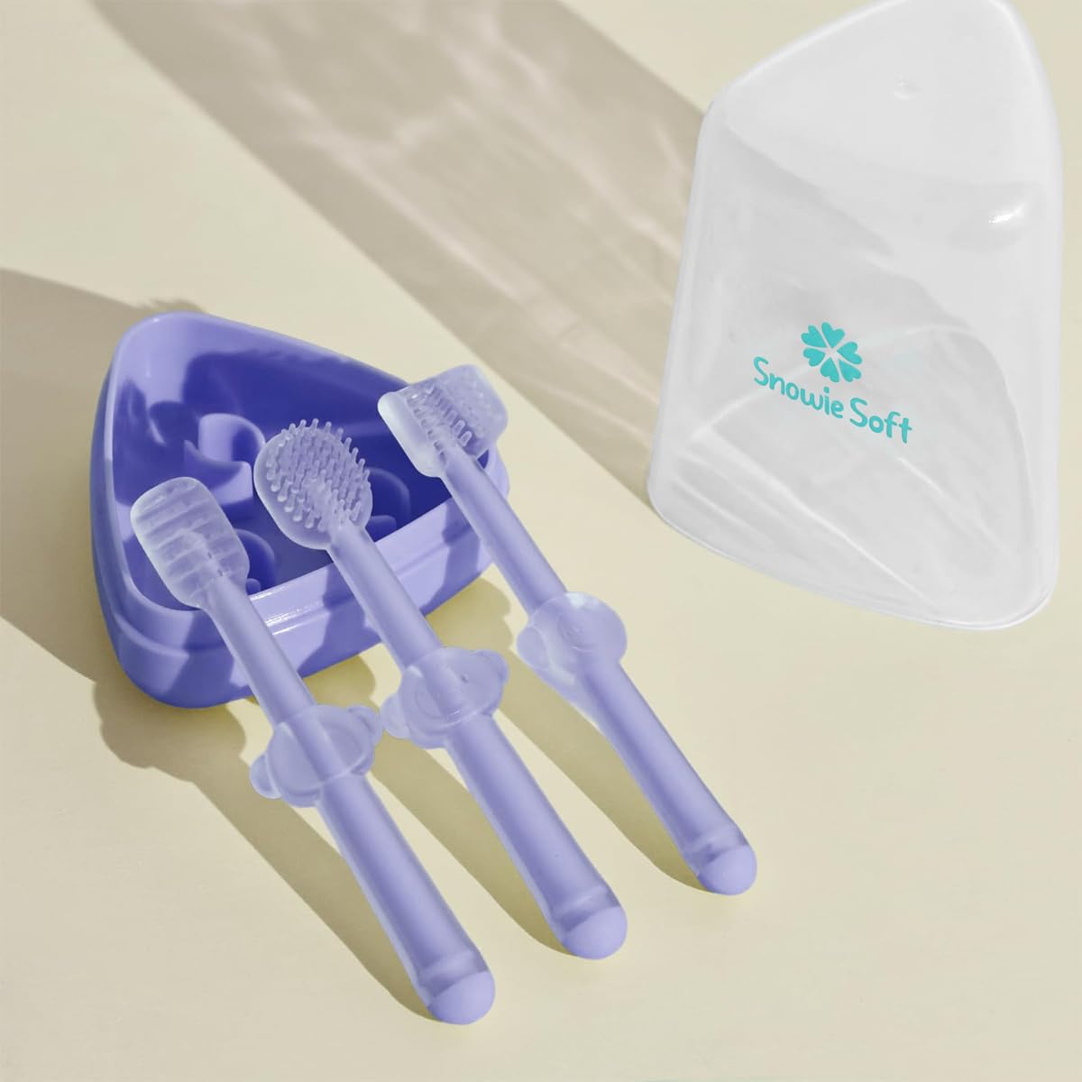 SNOWIE SOFT 3 Pcs Silicone Baby Manual Toothbrush Set For 0-18 Months Includes Newborn Tongue Cleaner, U-Shaped Toothscrubber,Soft Gum Massager With Travel Case Infant Oral Care,Purple