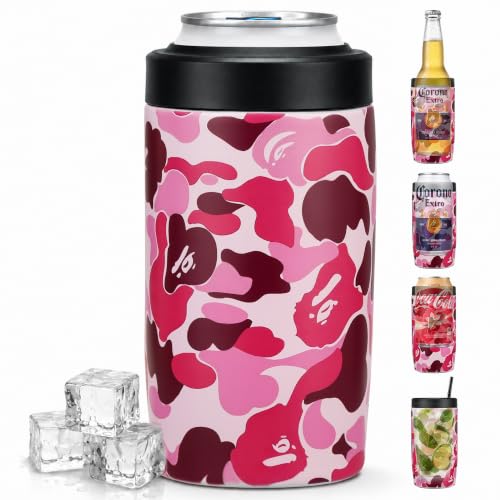 Image of 4-in-1 Slim Can Cooler Easy to Hold Insulated Beer Can Holder Double-walled Stainless Steel for All 12 Oz Cans (Camouflage Pink)