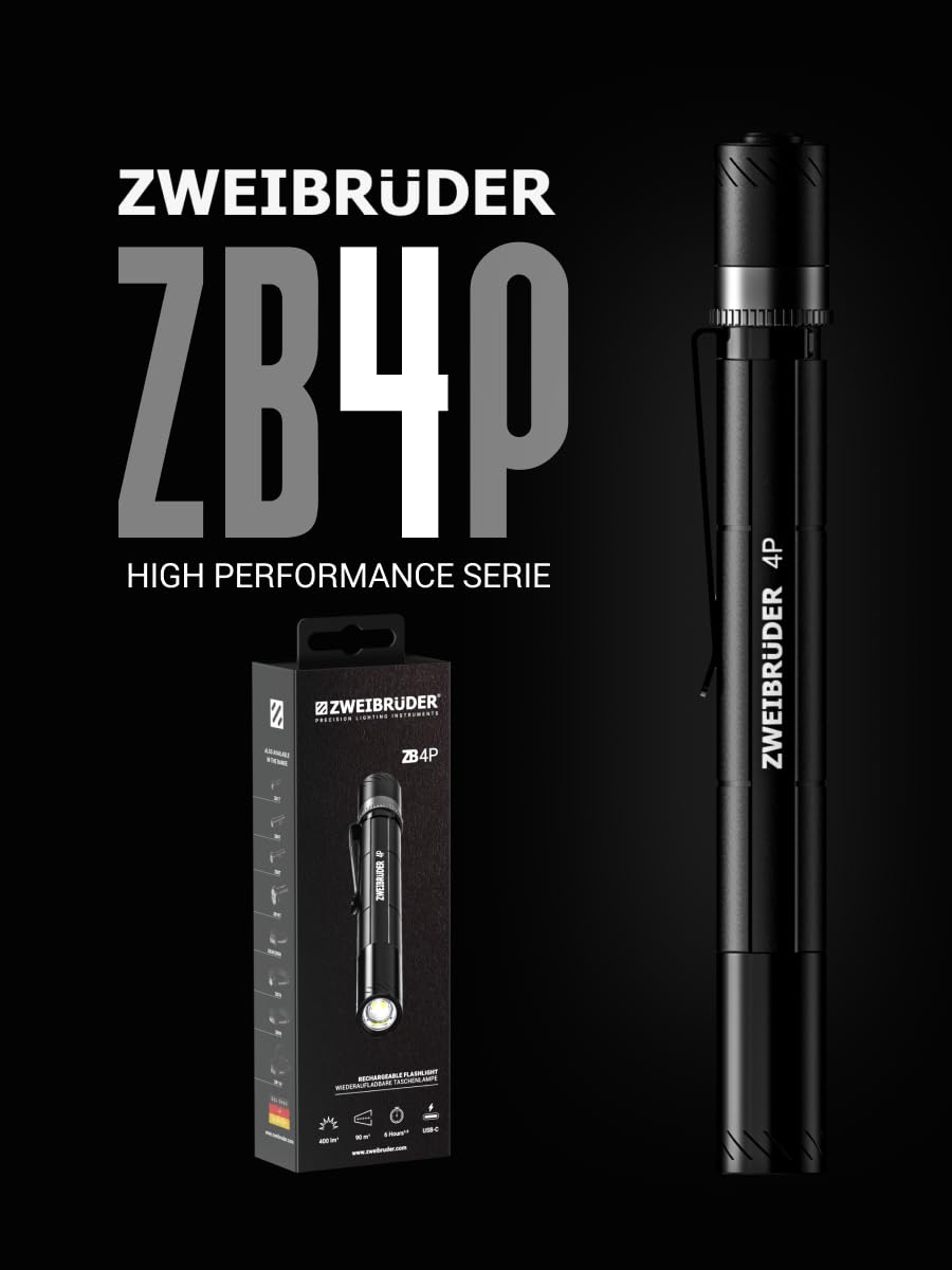 Zweibrüder ZB4P Torcia a Penna LED 400 Lumen – Mini Torcia Tascabile Compatta di Precisione, USB-C Ricaricabile, Messa a Fuoco Regolabile, Ideale per Ispezioni e Lavori Tecnici