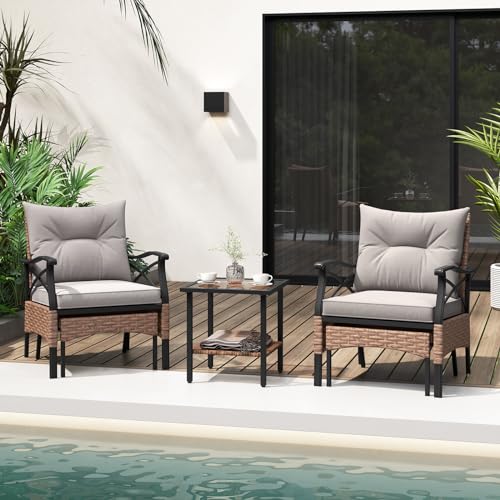 COSTWAY Conjunto Mesa y Sillas Jardin 5 Piezas de Ratán,1 Mesa Auxiliar de Vidrio Templado, 2 Sillas de Ratán PE y 2 Otomanas, Cojines Extraíbles,Conjunto Jardin Exterior Balcon Terraza (Marrón+Gris) - imagen 6