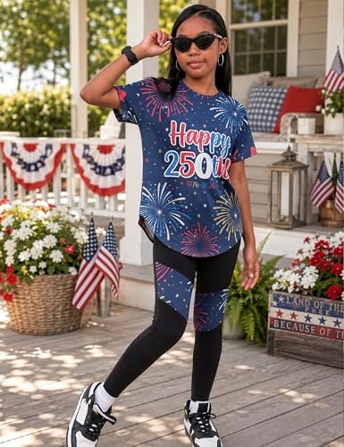 Image of Girls 2 Piece Outfits Kids Clothes Pants Sets Print Short Sleeve Top Leggings Spring Summer Tracksuit 4-13Y