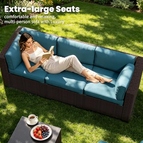 Image of 7 Piece Patio Furniture Set, Wicker Patio Conversation Sets, Outdoor Sectional Furniture with Tempered Glass Table, for Backyard, Deck, Garden, Dark Brown Rattan & Peacock Blue Cushions