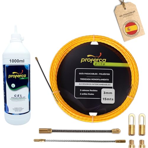 PROFERCA® Guía Pasacables Profesional de 3mm y 15 Metros + Gel Pasacables Transparente | Poliéster Trenzado con Terminales Intercambiables | Accesorios de Repuesto