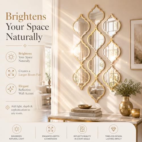 Image of Set of 9 Quatrefoil Wall Mirrors - Decorative Moroccan Lattice Accent Mirrors - Interlocking Geometric Wall Art for Living Room, Entryway, and Bedroom Decor (Gold)