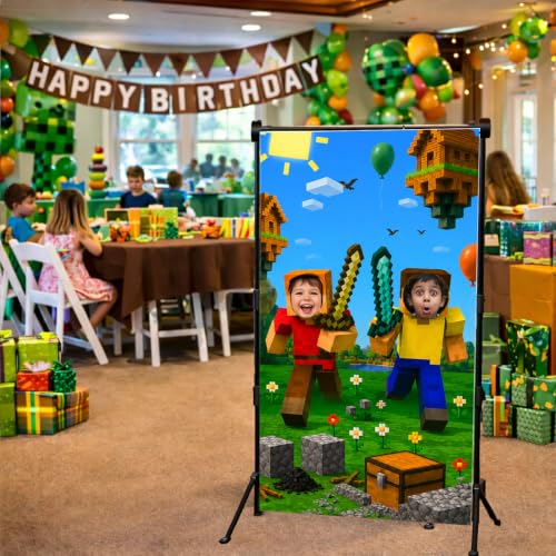 Image of IndoTribe Video Game Birthday Decorations Face in The Hole Backdrop for Photos 6x3ft Face Cutout Photo Booth Props for Gamer Birthday Party Decorations Door Prop Photo Booth Fabric Backdrop