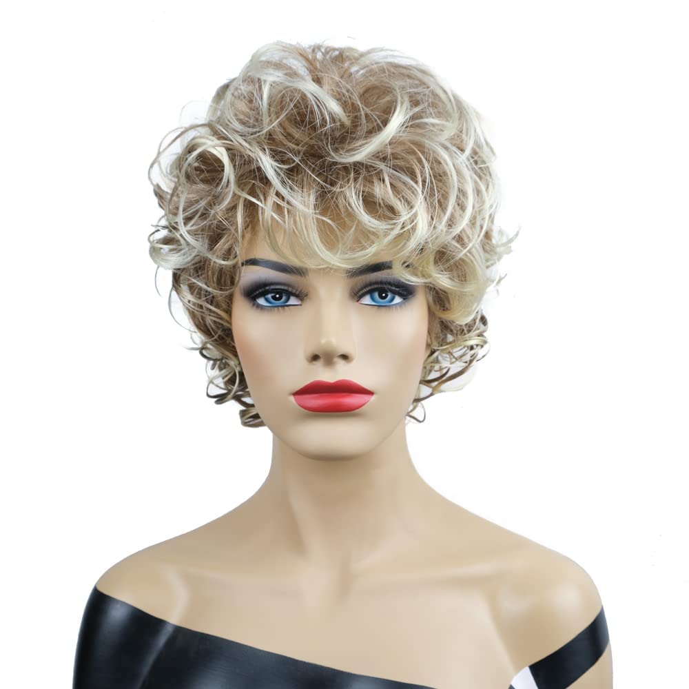 onemily Short Blonde Wig Shaggy Wigs with Bangs Synthetic Layered Wig Natural Wave Wig for Women for Daily Wear (Blonde Brown Mix)